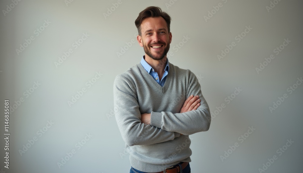 A cheerful man with a well-groomed beard stands confidently with his arms crossed, exuding warmth and approachability. Dressed in a light gray sweater over a blue collared shirt, he radiates A cheerful man with a well-groomed beard stands confidently with his arms crossed, exuding warmth and approachability. Dressed in a light gray sweater over a blue collared shirt, he radiates