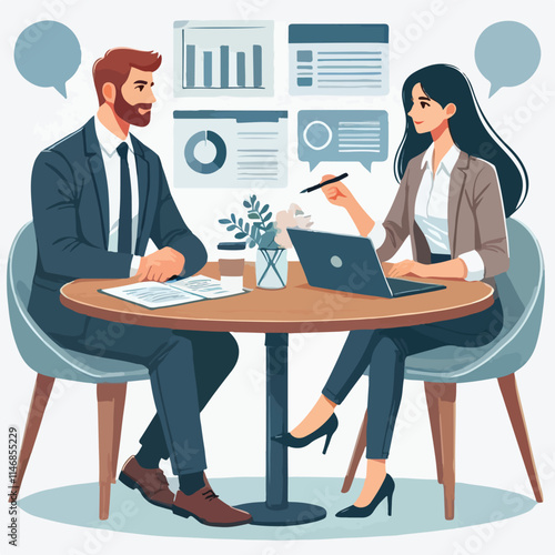 Partners meeting for business discussion with documents and laptop on desk. Couple at round table, speaking, discussing work, partnership. Flat vector illustration isolated on white background