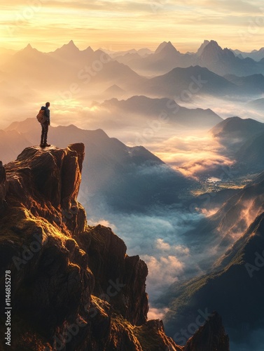 Wallpaper Mural Hiker watching majestic sunrise over mountain peaks and foggy valley Torontodigital.ca
