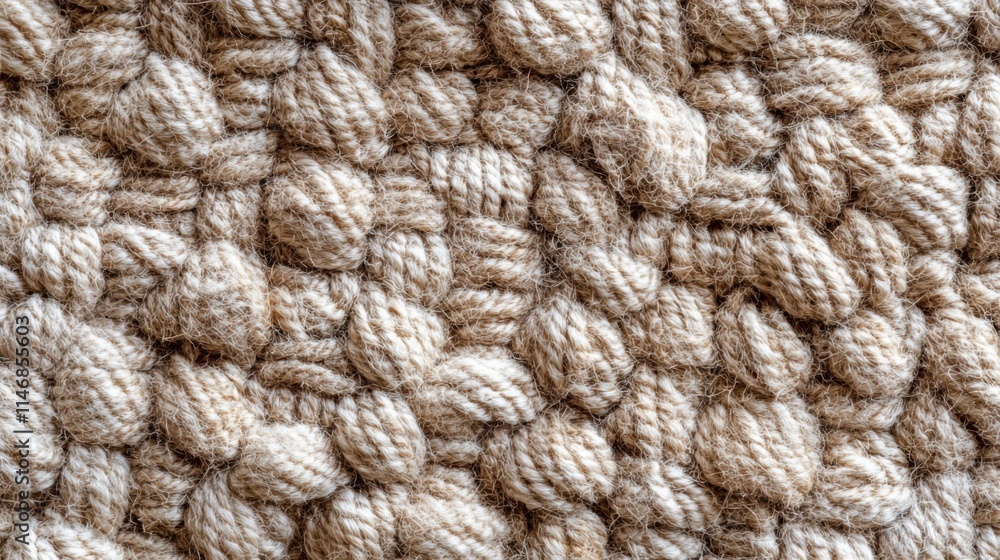 Close up view of beige woolen knit fabric texture Close up view of beige woolen knit fabric texture