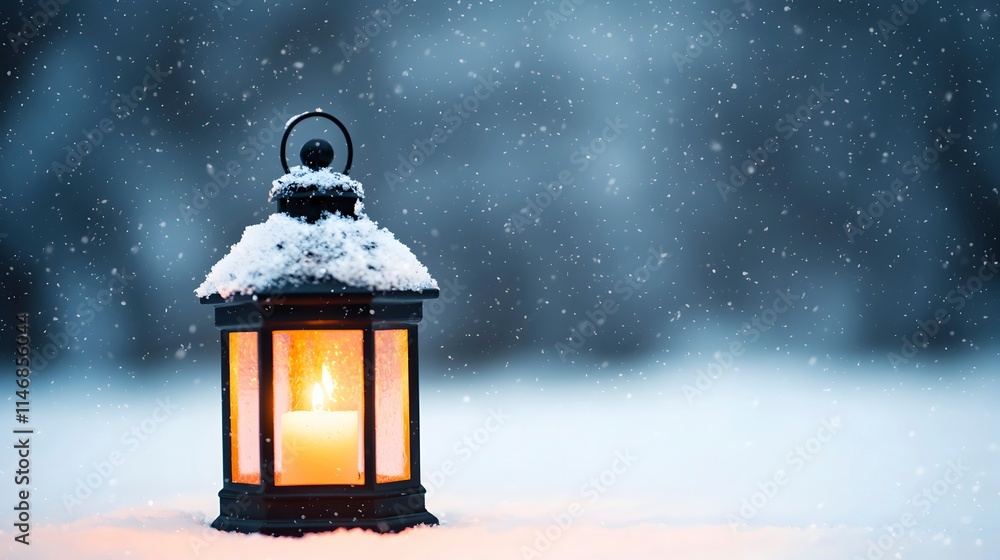 Snowy Lantern with Candle Glow in Winter Scene Snowy Lantern with Candle Glow in Winter Scene