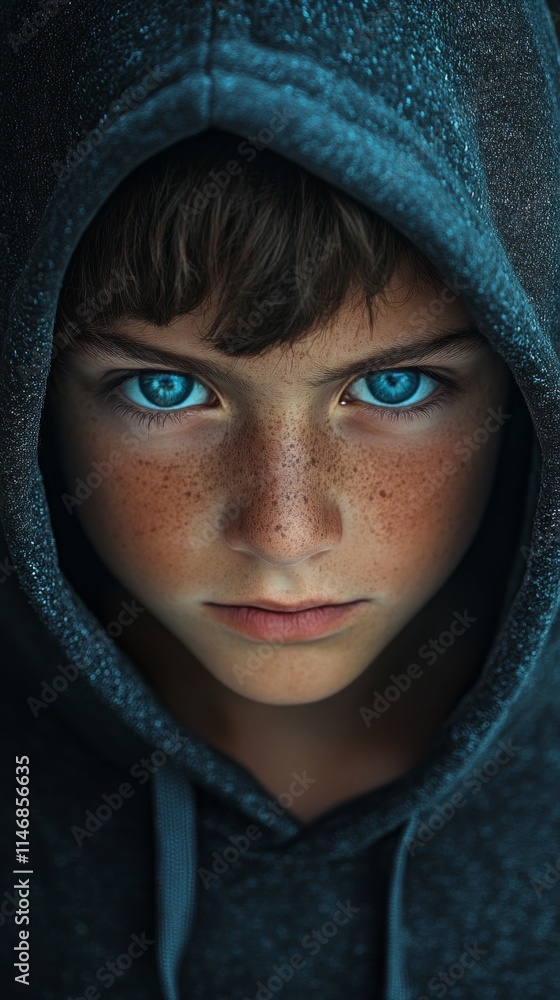 Youth with striking blue eyes and freckles wearing a dark hooded sweatshirt reflects determination and strength Youth with striking blue eyes and freckles wearing a dark hooded sweatshirt reflects determination and strength