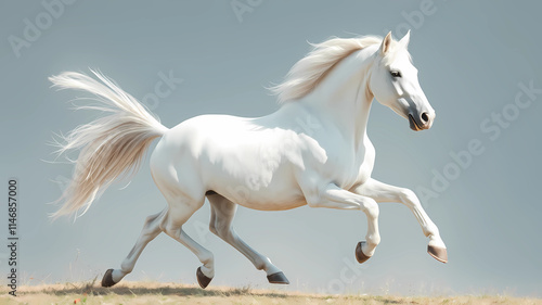 a white horse is galloping through the sand dunes in the desert, with its tail blowing in the wind, Boleslaw Cybis, precisionism, majestic, a computer rendering photo