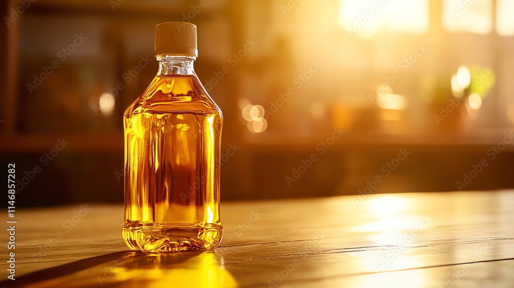 Sunlit bottle of oil on wooden table, perfect for culinary use. Sunlit bottle of oil on wooden table, perfect for culinary use.