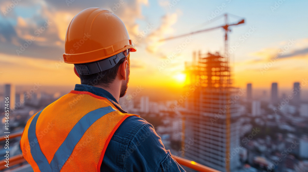 Construction Foreman Observing Sunset Over City Skyline During Project Oversight Construction Foreman Observing Sunset Over City Skyline During Project Oversight