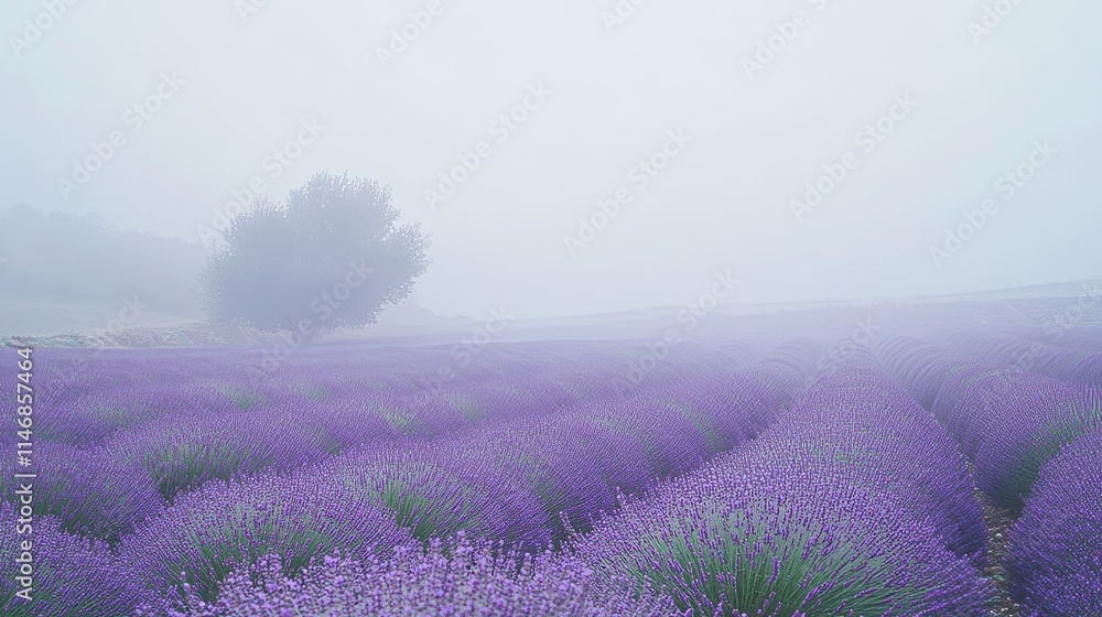 Obraz premium Lavender fields under a soft morning mist, panoramic shot, Minimalist style