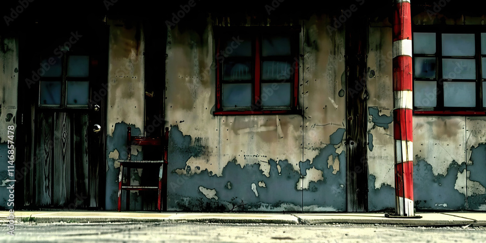 Weathered Building Facade with Chair and Striped Pole