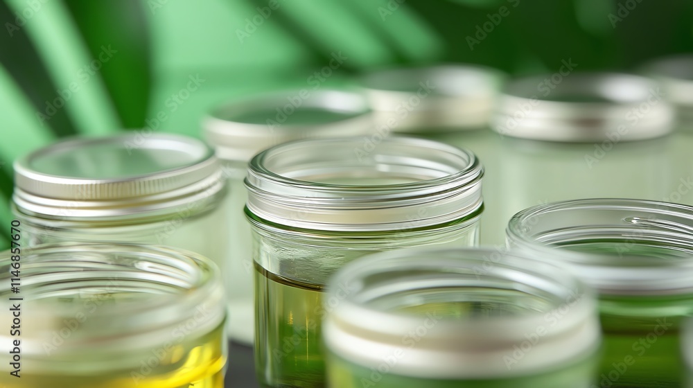 Variety of jars filled with colorful oils and extracts in nature. Variety of jars filled with colorful oils and extracts in nature.