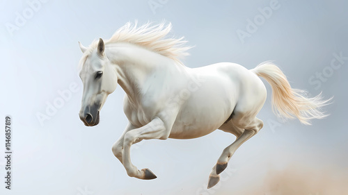 a white horse is galloping through the sand dunes in the desert, with its tail blowing in the wind, Boleslaw Cybis, precisionism, majestic, a computer rendering