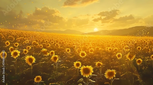 Vibrant sunflower field illuminated by a golden sunset. photo