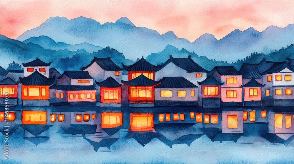 Fototapeta premium A serene watercolor scene depicting traditional houses along a calm waterway, with glowing windows against a backdrop of mountains at dusk.