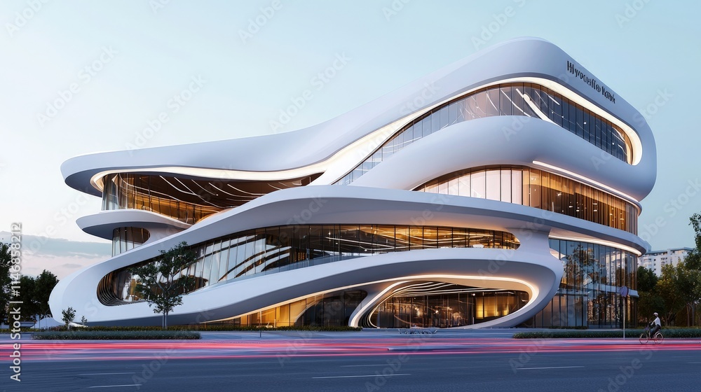 Fototapeta premium Modern, flowing white building at dusk.