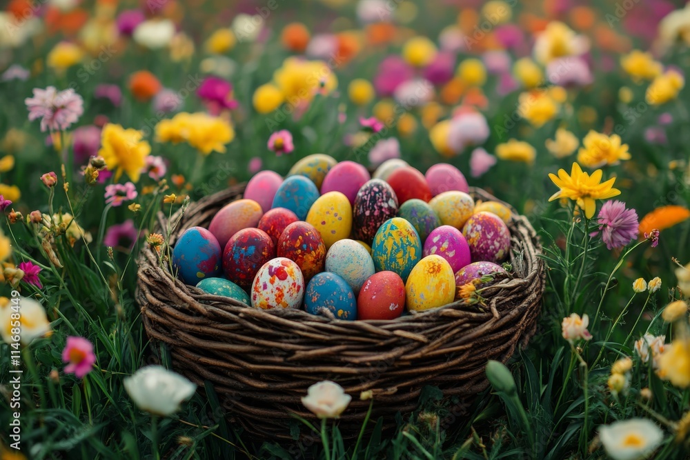 Colorful Easter eggs resting in a basket surrounded by vibrant wildflowers during a sunny spring afternoon Colorful Easter eggs resting in a basket surrounded by vibrant wildflowers during a sunny spring afternoon
