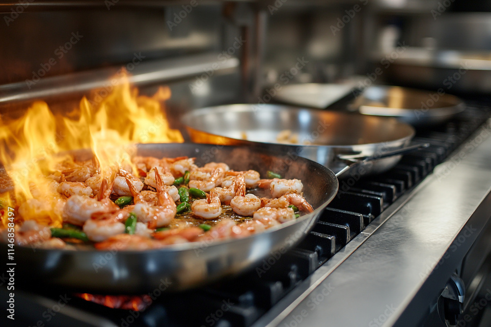 Cooking shrimp with vegetables over high heat in a busy kitchen environment. Cooking shrimp with vegetables over high heat in a busy kitchen environment.