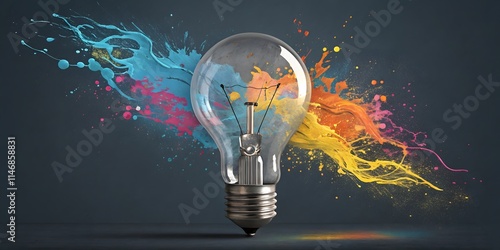 Creative Explosion: A lightbulb bursts with vibrant, multicolored paint splashes, symbolizing innovation, inspiration, and the birth of groundbreaking ideas. photo