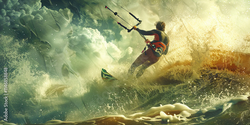 Kitesurfer Riding a Wave with Cloudy Sky