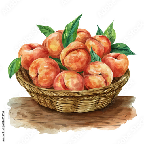 A watercolor vector of a basket of fresh summer peaches on a wooden table, isolated on a white background. Basket of fresh summer peaches vector.
