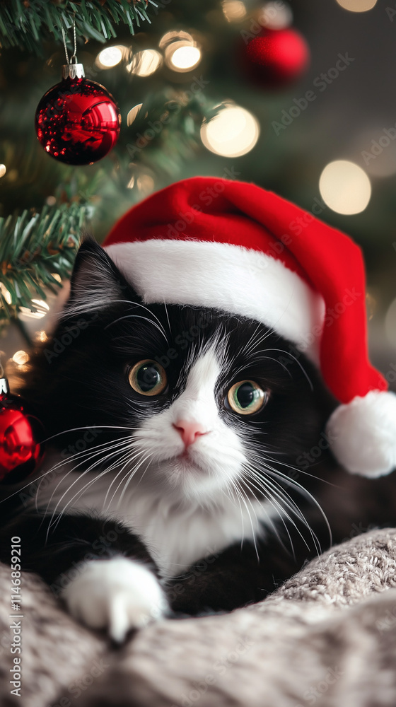 Cute cat with a Santa hat sitting under a glowing Christmas tree. Cute cat with a Santa hat sitting under a glowing Christmas tree.