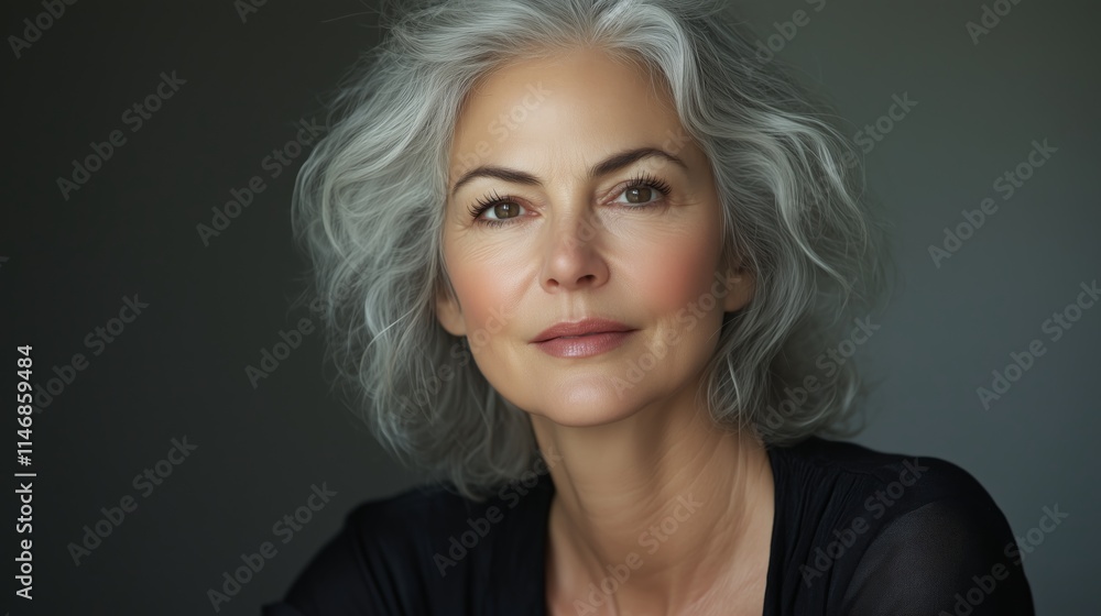 Naklejka premium Portrait of a mature woman with gray hair in a studio setting, elegant and confident
