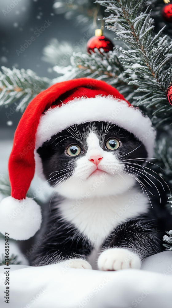 Festive cat wearing a Santa hat under decorated Christmas tree. Festive cat wearing a Santa hat under decorated Christmas tree.