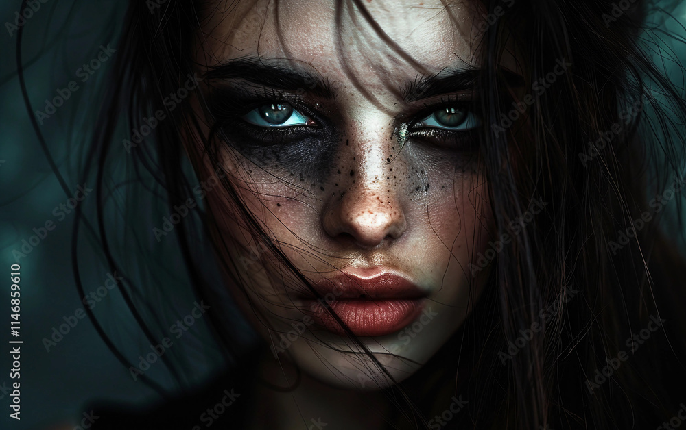 A dramatic portrait of a woman with dark makeup highlighting her bold and mysterious allure A dramatic portrait of a woman with dark makeup highlighting her bold and mysterious allure