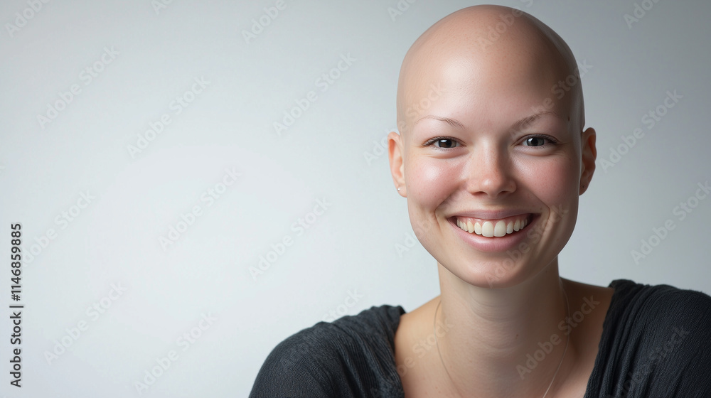 female cancer bald patient smiling on white background female cancer bald patient smiling on white background