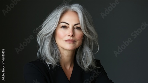 Portrait of a mature woman with gray hair in a studio setting, elegant and confident