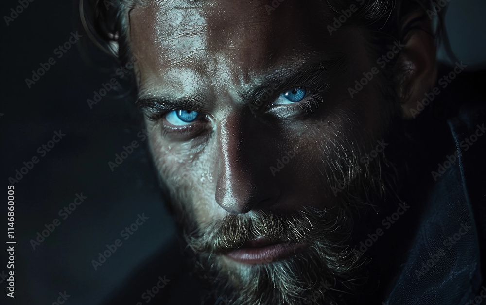 A dramatic portrait of a man with a beard and piercing gaze reflecting strength and allure A dramatic portrait of a man with a beard and piercing gaze reflecting strength and allure