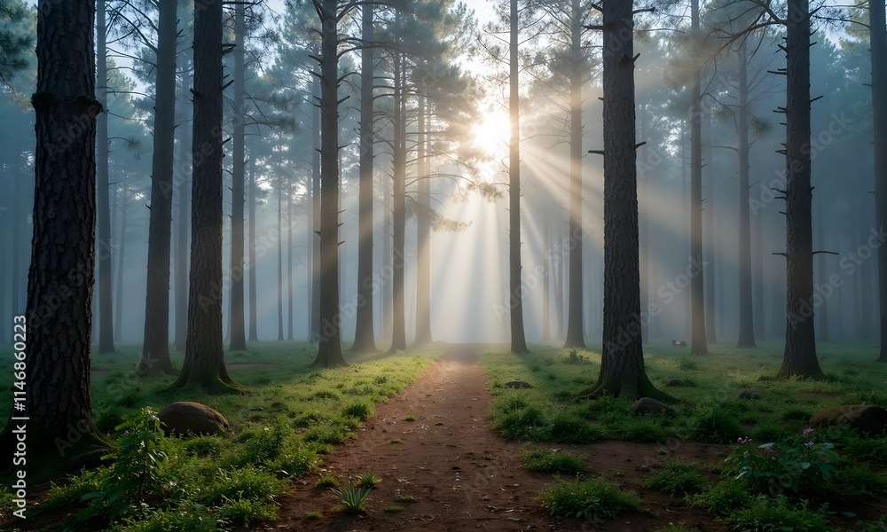 Fototapeta premium Sunbeams Through Misty Pine Forest Path