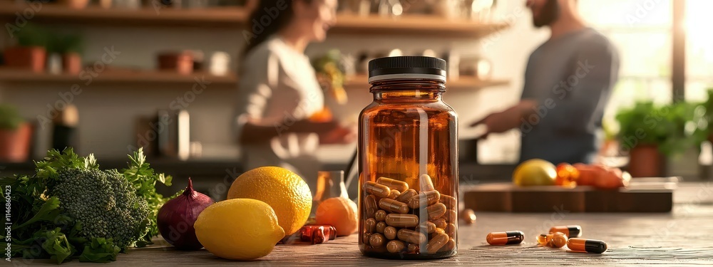 Obraz premium Vegetables and diet pills on the table in the kitchen. Selective focus