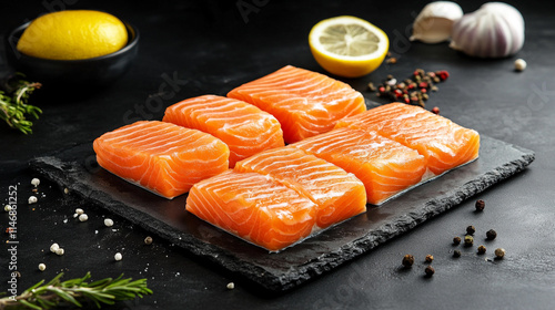 Fresh salmon fillets neatly arranged on a black slate with herbs and lemon.  photo