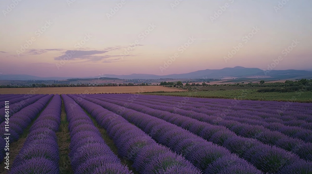 Lavender fields under a soft sunset sky, aerial shot, Minimalist style Lavender fields under a soft sunset sky, aerial shot, Minimalist style