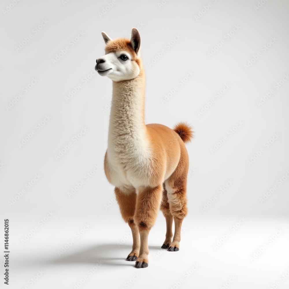 Llama Stands Gracefully With Soft Cream and Brown Fur Against a White Background Llama Stands Gracefully With Soft Cream and Brown Fur Against a White Background
