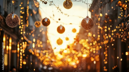 Warm Glow of Holiday Decorations with Shimmering Ornaments and Lights Under a Golden Sunset in a Charming Urban Street Scene