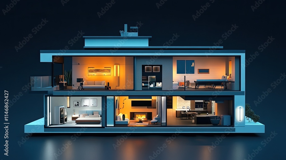 Modern house cutaway showing interior rooms lit at night.