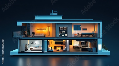 Obraz na płótnie Modern house cutaway showing interior rooms lit at night. w salonie