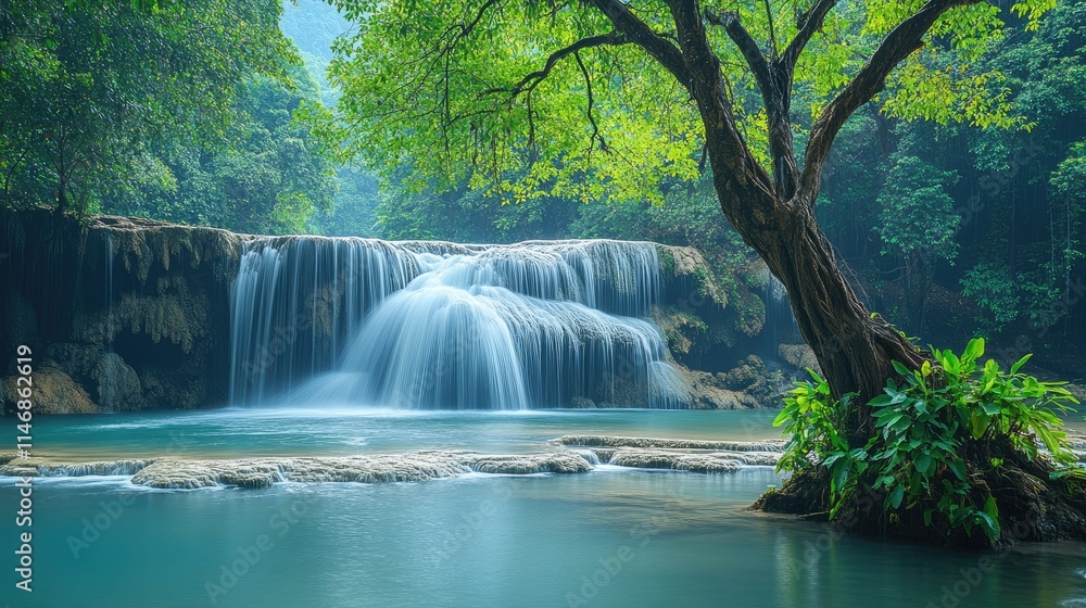 Naklejka premium Scenic waterfall flows into blue pond, lush foliage.