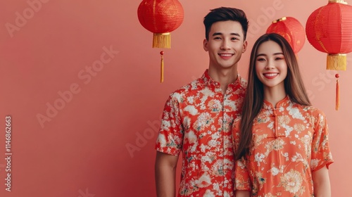 Young Asian couple in matching floral shirts celebrating Lunar New Year with vibrant decorations and festive atmosphere against a warm peach background.