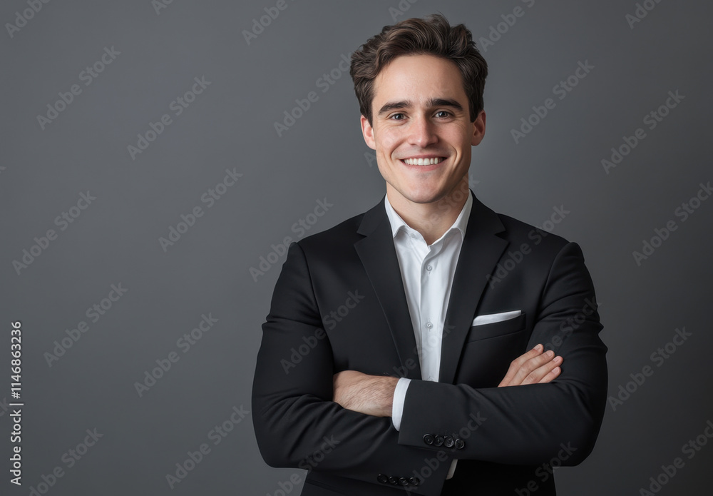 A young man wearing a tailored black suit and white shirt stands with his arms crossed, displaying a confident expression against a simple gray background, ideal for professional use. A young man wearing a tailored black suit and white shirt stands with his arms crossed, displaying a confident expression against a simple gray background, ideal for professional use.