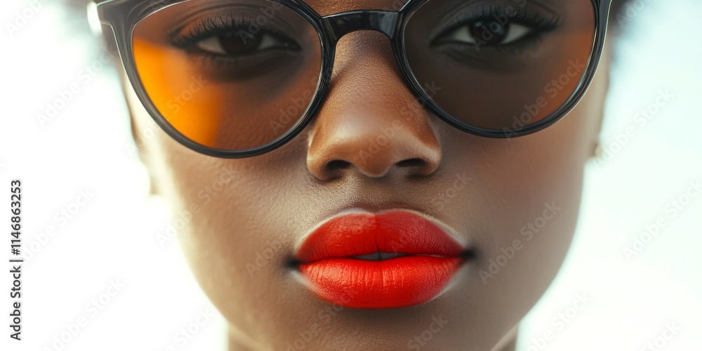 A close-up portrait of a woman with beautiful glowing skin and bright red lips. She wears stylish sunglasses that reflect light. This image captures confidence and beauty. AI A close-up portrait of a woman with beautiful glowing skin and bright red lips. She wears stylish sunglasses that reflect light. This image captures confidence and beauty. AI