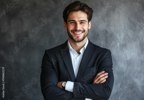 A young man wearing a black suit and white shirt smiles confidently while standing with arms crossed. He is positioned in front of a textured gray backdrop, radiating professionalism and charisma.