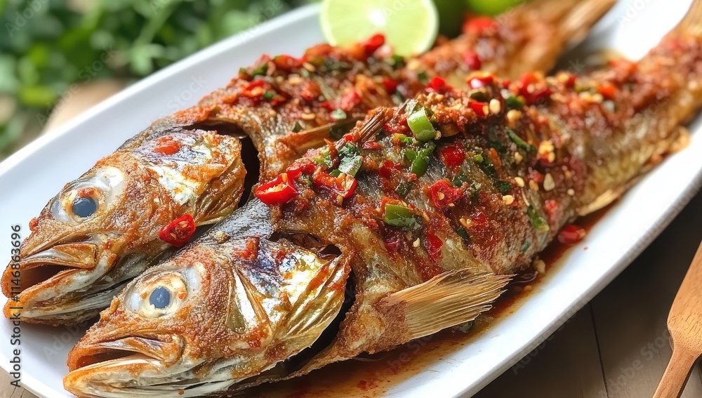 A dish of whole steam fish in red chili sauce with lime and coriander leaves A dish of whole steam fish in red chili sauce with lime and coriander leaves