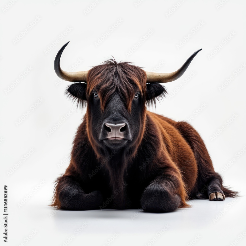 Thick-furred Yak Rests Peacefully Against a Clean White Background Thick-furred Yak Rests Peacefully Against a Clean White Background