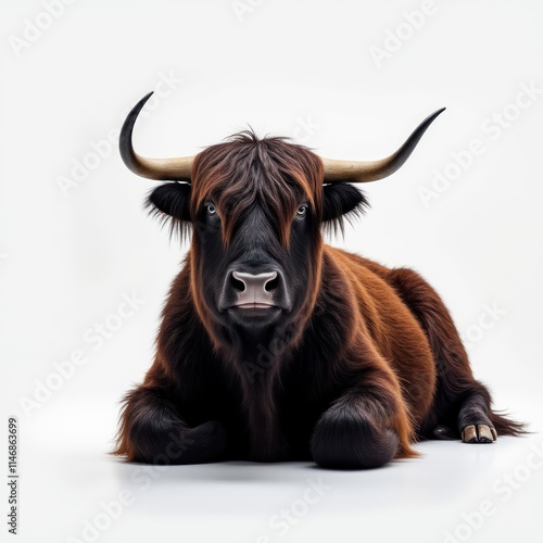 Thick-furred Yak Rests Peacefully Against a Clean White Background