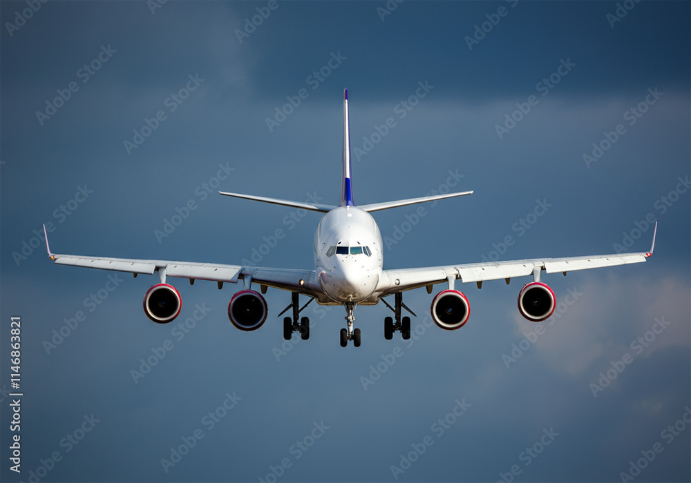 Commercial airplane flying in a clear blue sky, viewed from the front Commercial airplane flying in a clear blue sky, viewed from the front