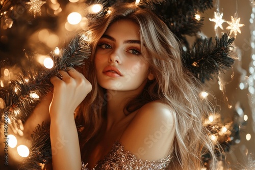 Young woman with long hair poses gracefully among Christmas tree branches adorned with twinkling lights and delicate ornaments, exuding a cozy holiday atmosphere