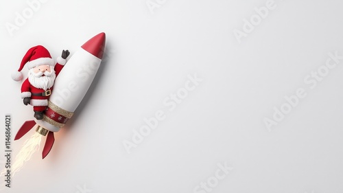 3d santa and fantasy concept. Santa Claus riding a rocket, celebrating the holiday spirit in a playful scene.