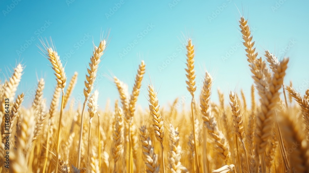 Fototapeta premium Golden wheat field under a clear blue sky.