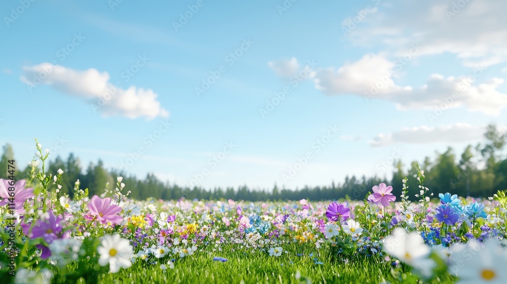 Vibrant wildflowers bloom in a lush green meadow under a sunny sky. Vibrant wildflowers bloom in a lush green meadow under a sunny sky.