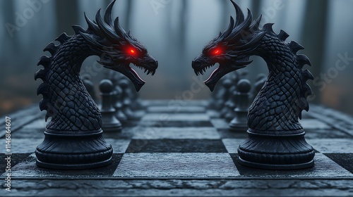 A mystical chess set featuring dragon knight pieces with glowing red eyes, poised for battle on a fog-covered board in an atmospheric forest.